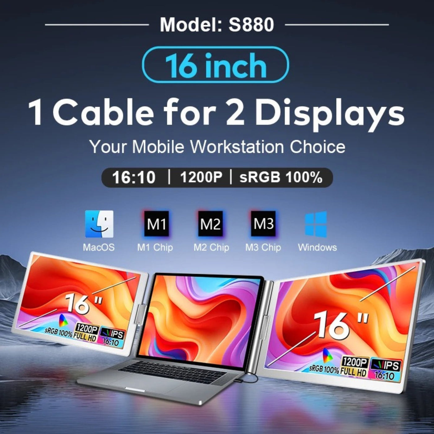 16” Dual Portable Laptop Monitor | Single Cable Setup | FHD 1080P Triple Screen Extender | 16:10 | Stand Alone | S880 | 90-Minute Technical Support