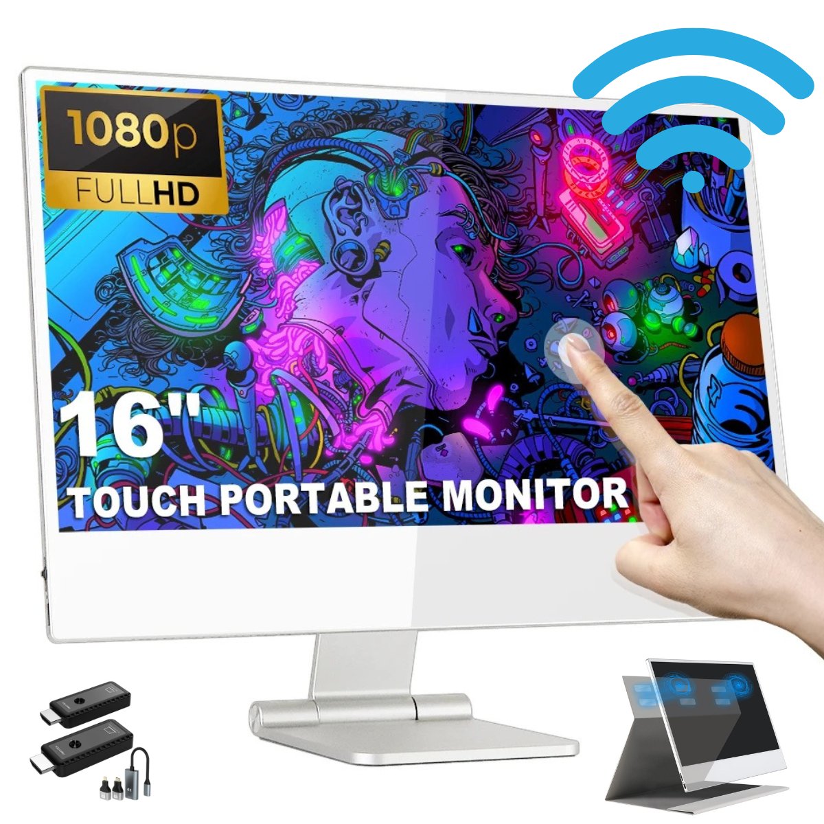 16” Portable Touchscreen Monitor FHD IPS | Stand & Case | Built-in Speaker | Premium Aluminum Alloy | Technical Support Line