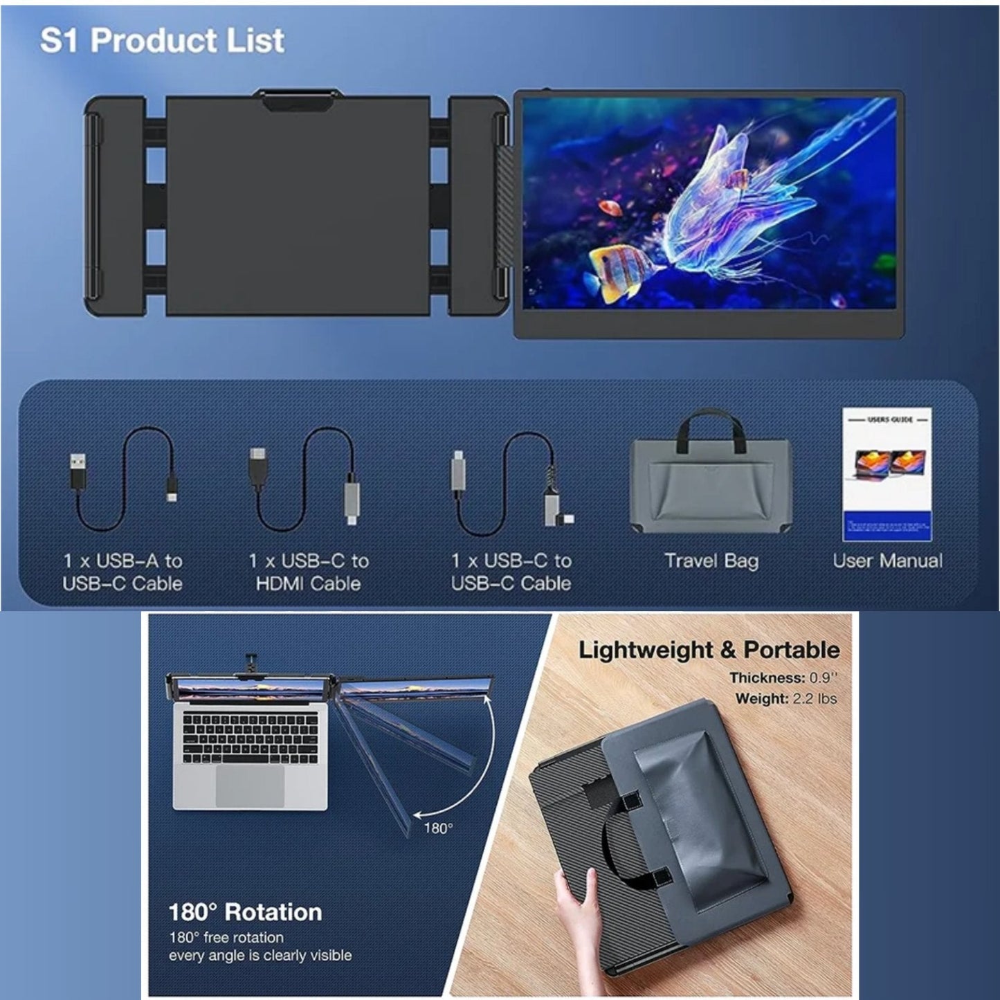 TUTT 14” FHD Single Portable Laptop Monitor IPS Dual Screen Extender with Built-in Stand and Speakers, Plug and Play Display for All Devices | S1 | Technical Support in 90 Min