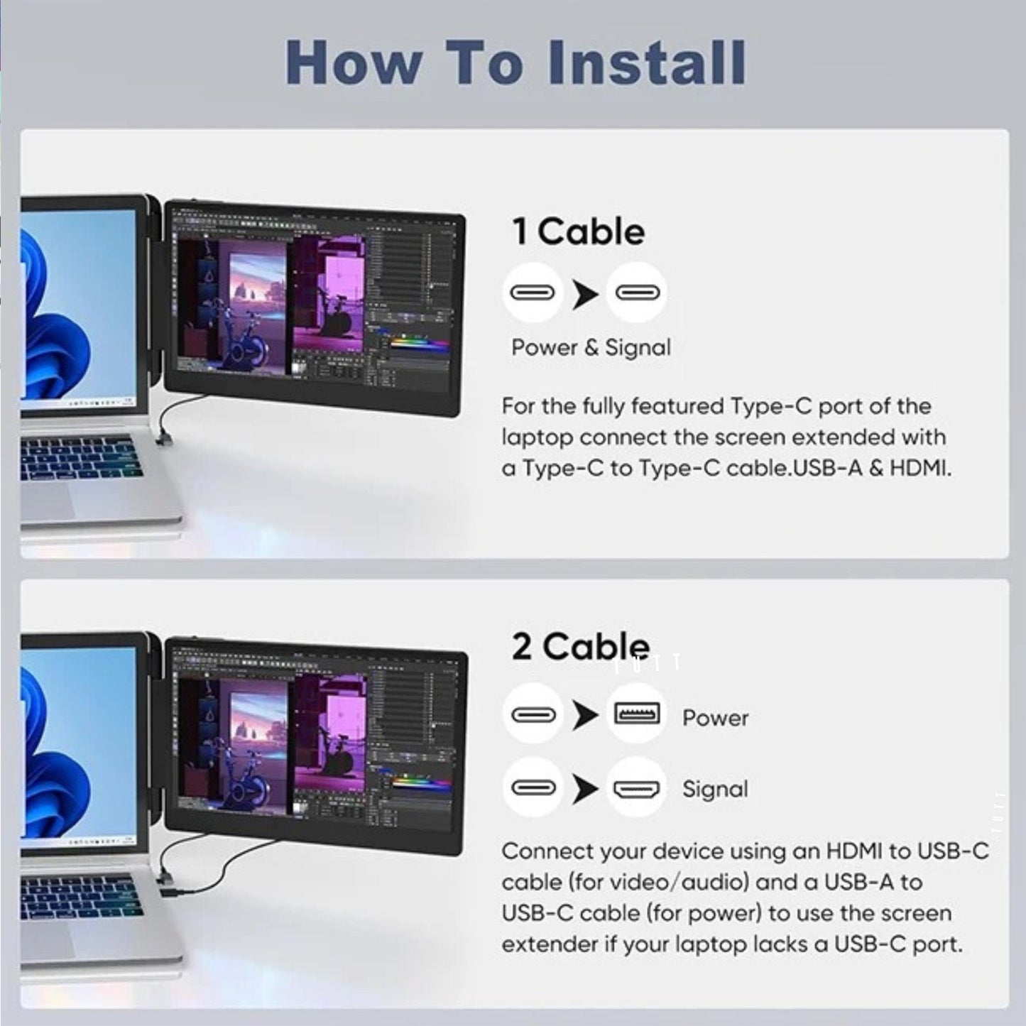 TUTT 14” FHD Single Portable Laptop Monitor IPS Dual Screen Extender with Built-in Stand and Speakers, Plug and Play Display for All Devices | S1 | Technical Support in 90 Min