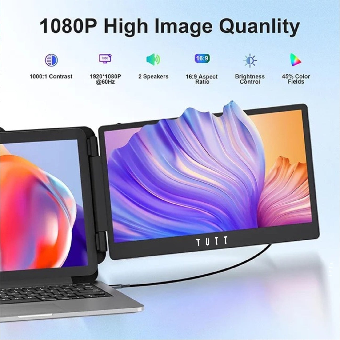 TUTT 14” FHD Single Portable Laptop Monitor IPS Dual Screen Extender with Built-in Stand and Speakers, Plug and Play Display for All Devices | S1 | Technical Support in 90 Min