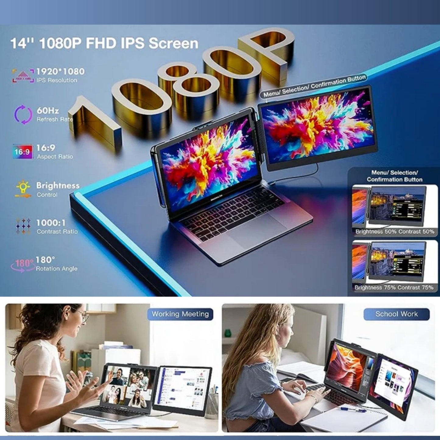 TUTT 14” FHD Single Portable Laptop Monitor IPS Dual Screen Extender with Built-in Stand and Speakers, Plug and Play Display for All Devices | S1 | Technical Support in 90 Min