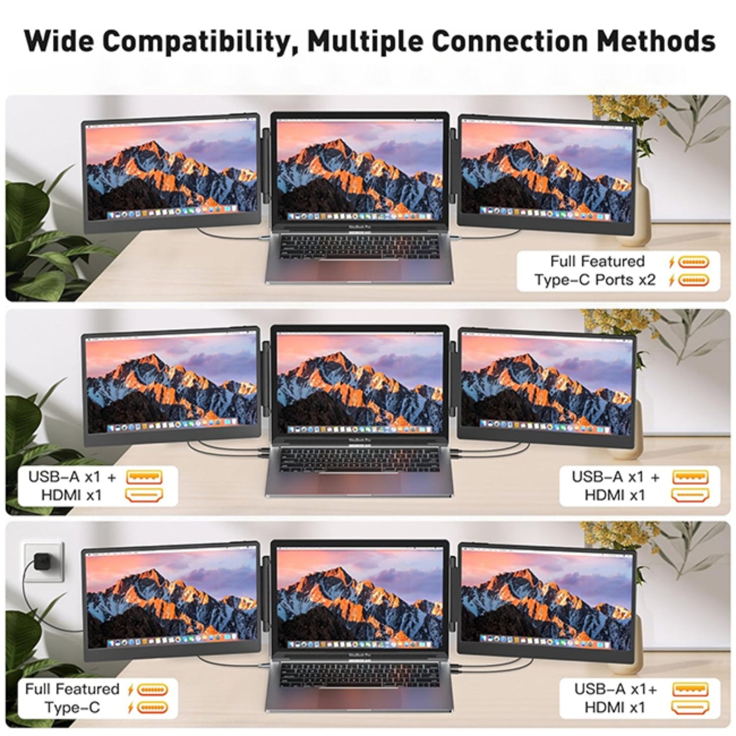 TUTT 14” FHD Dual Portable Laptop Monitor IPS Triple Screen Extender Built-in Stand and Speakers | All Devices Compatible | S3 | Technical Support in 90 Min