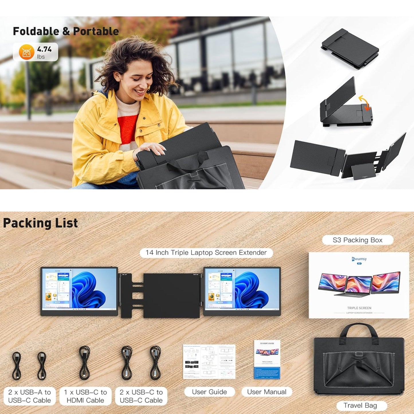 TUTT 14” FHD Dual Portable Laptop Monitor IPS Triple Screen Extender Built-in Stand and Speakers | All Devices Compatible | S3 | Technical Support in 90 Min