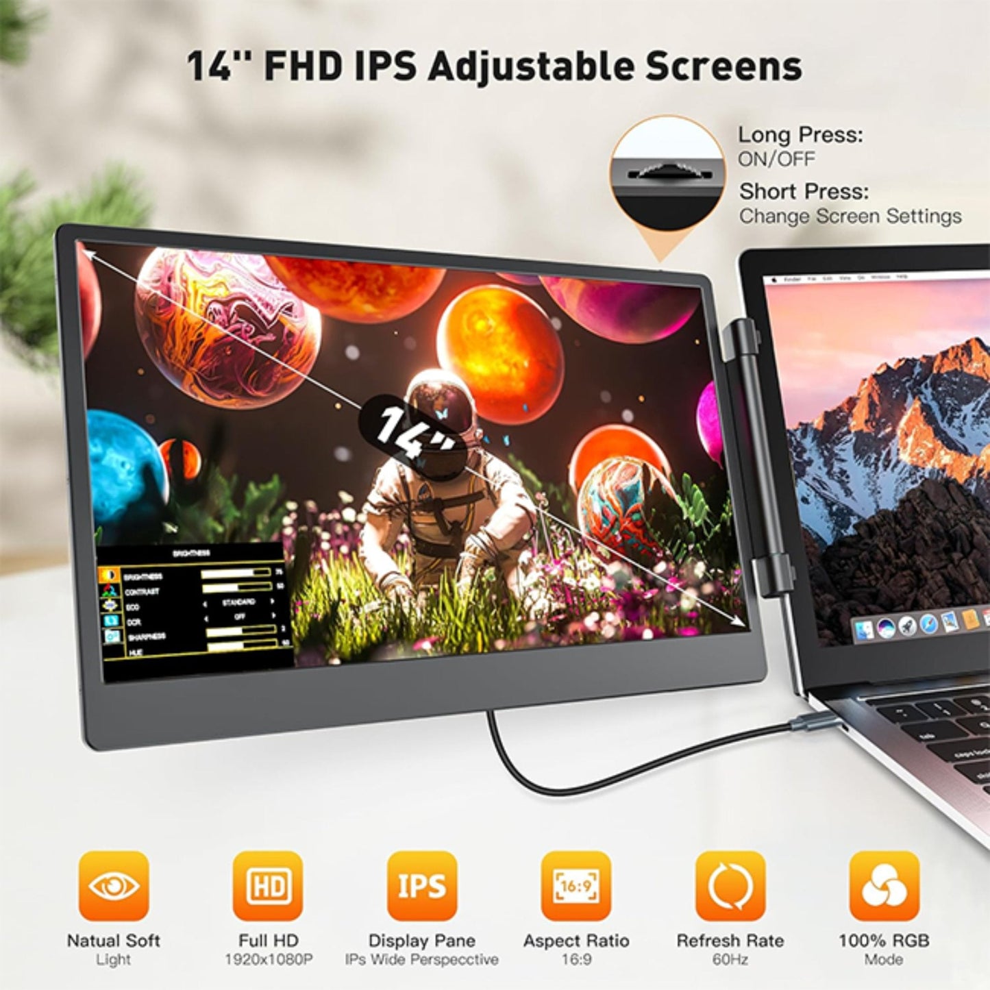 TUTT 14” FHD Dual Portable Laptop Monitor IPS Triple Screen Extender Built-in Stand and Speakers | All Devices Compatible | S3 | Technical Support in 90 Min