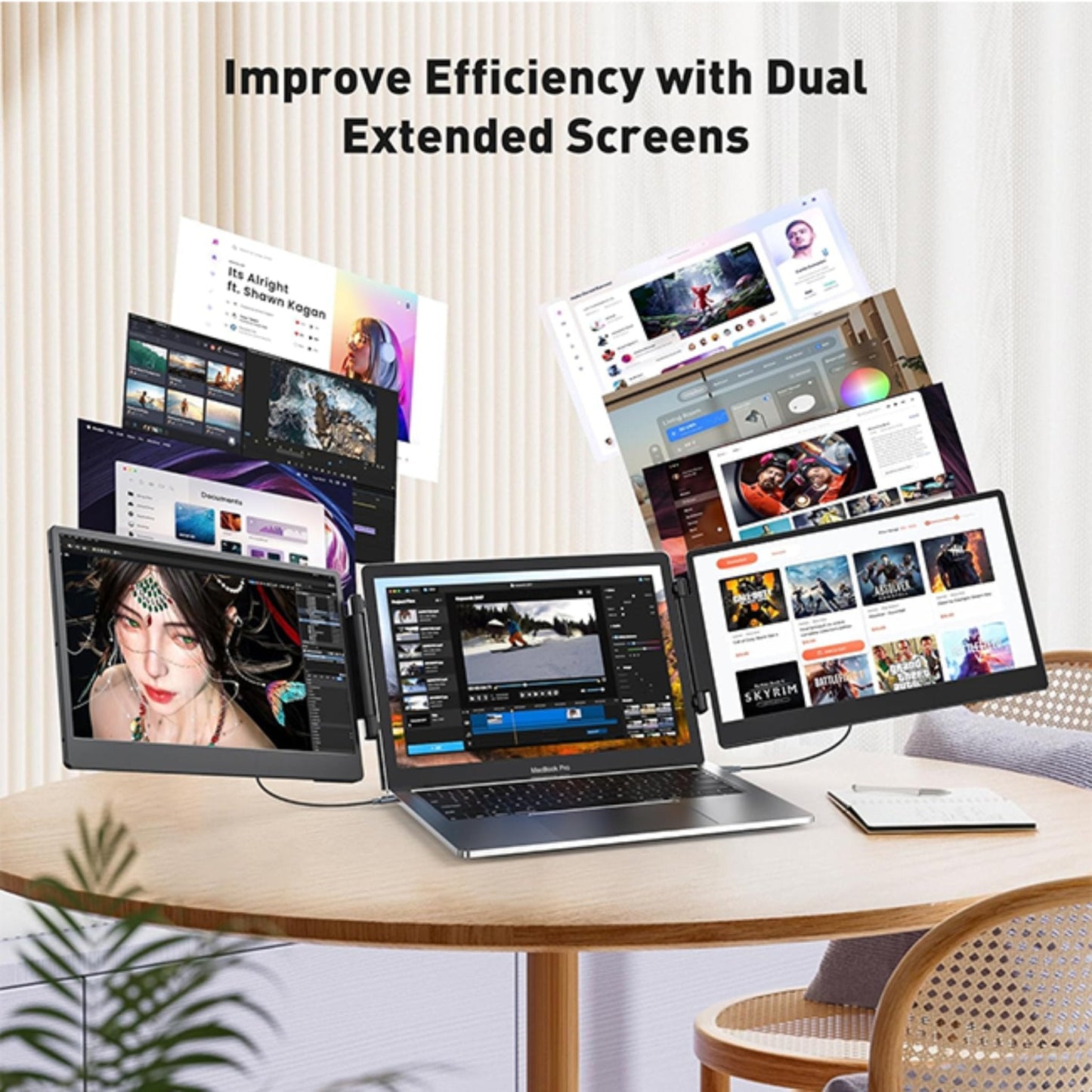 TUTT 14” FHD Dual Portable Laptop Monitor IPS Triple Screen Extender Built-in Stand and Speakers | All Devices Compatible | S3 | Technical Support in 90 Min