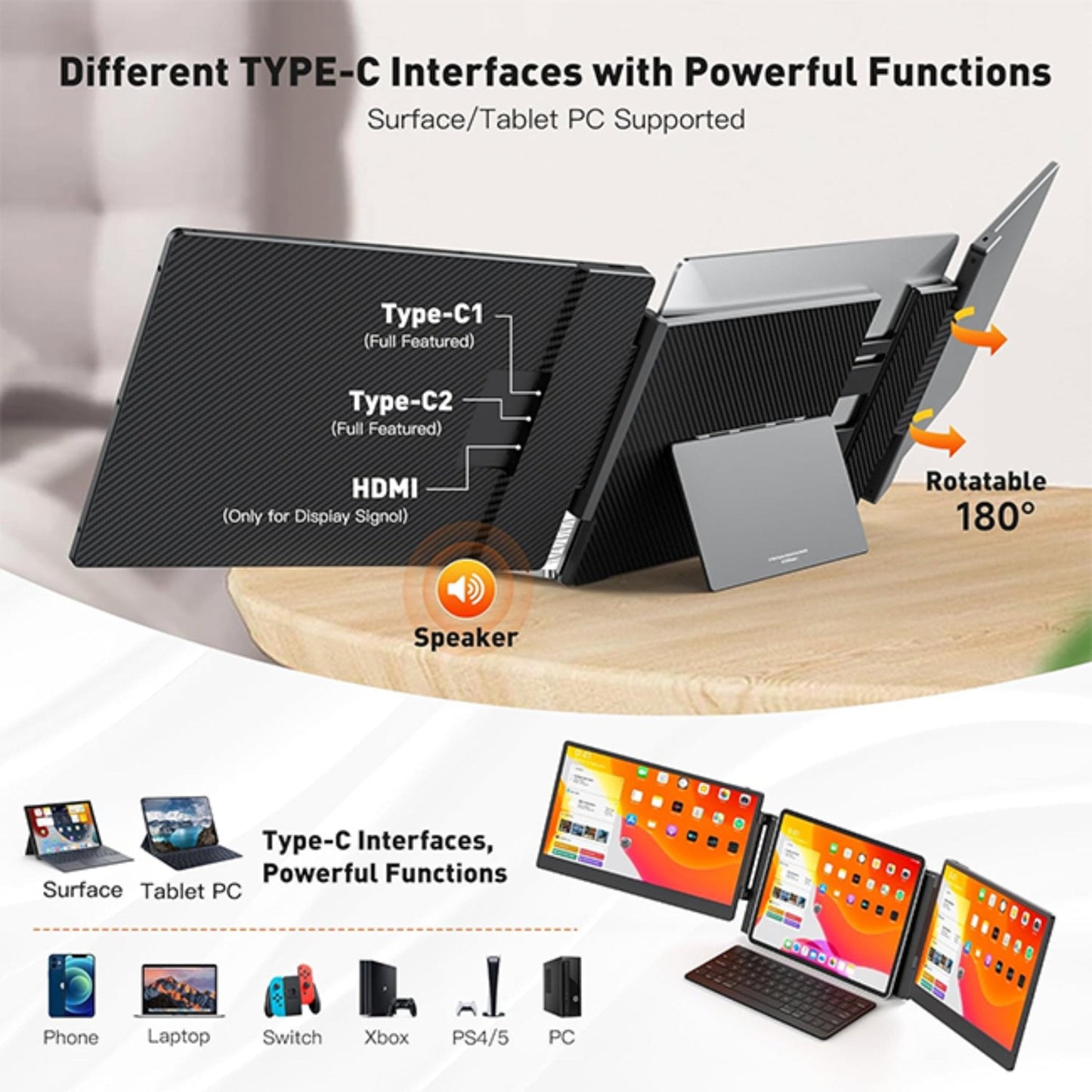 TUTT 14” FHD Dual Portable Laptop Monitor IPS Triple Screen Extender Built-in Stand and Speakers | All Devices Compatible | S3 | Technical Support in 90 Min