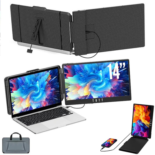 TUTT 14” FHD Single Portable Laptop Monitor IPS Dual Screen Extender with Built-in Stand and Speakers, Plug and Play Display for All Devices | S1 | Technical Support in 90 Min