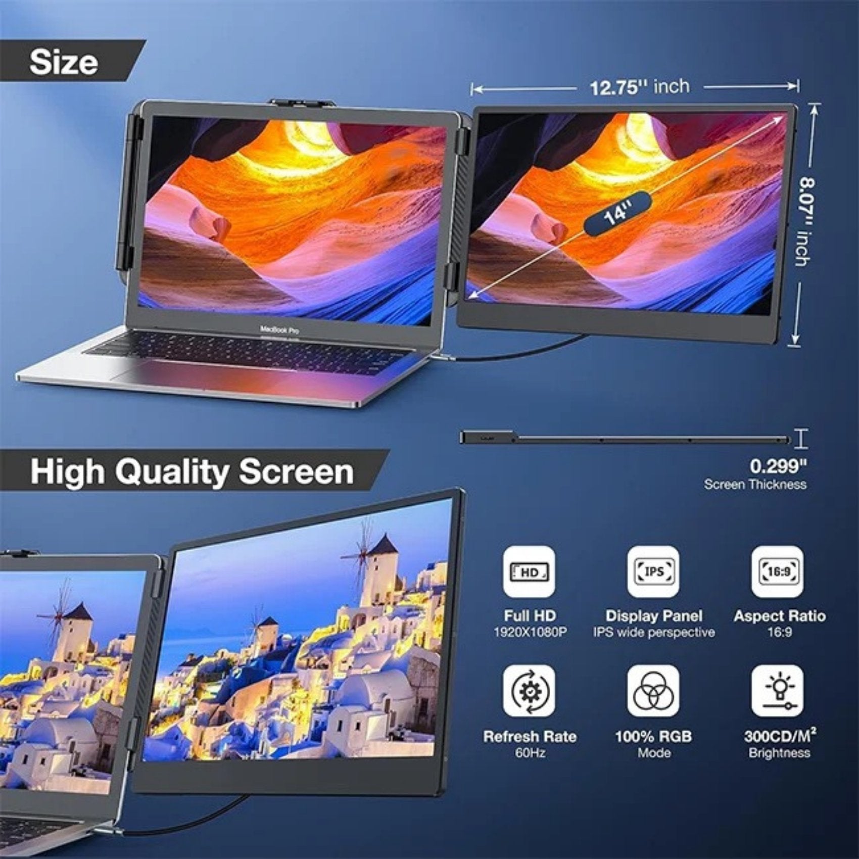 TUTT 14” FHD Single Portable Laptop Monitor IPS Dual Screen Extender with Built-in Stand and Speakers, Plug and Play Display for All Devices | S1 | Technical Support in 90 Min