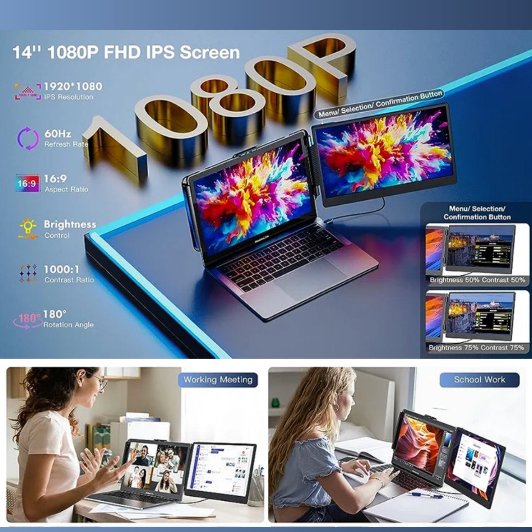 TUTT 14” FHD Single Portable Laptop Monitor IPS Dual Screen Extender with Built-in Stand and Speakers, Plug and Play Display for All Devices | S1 | Technical Support in 90 Min