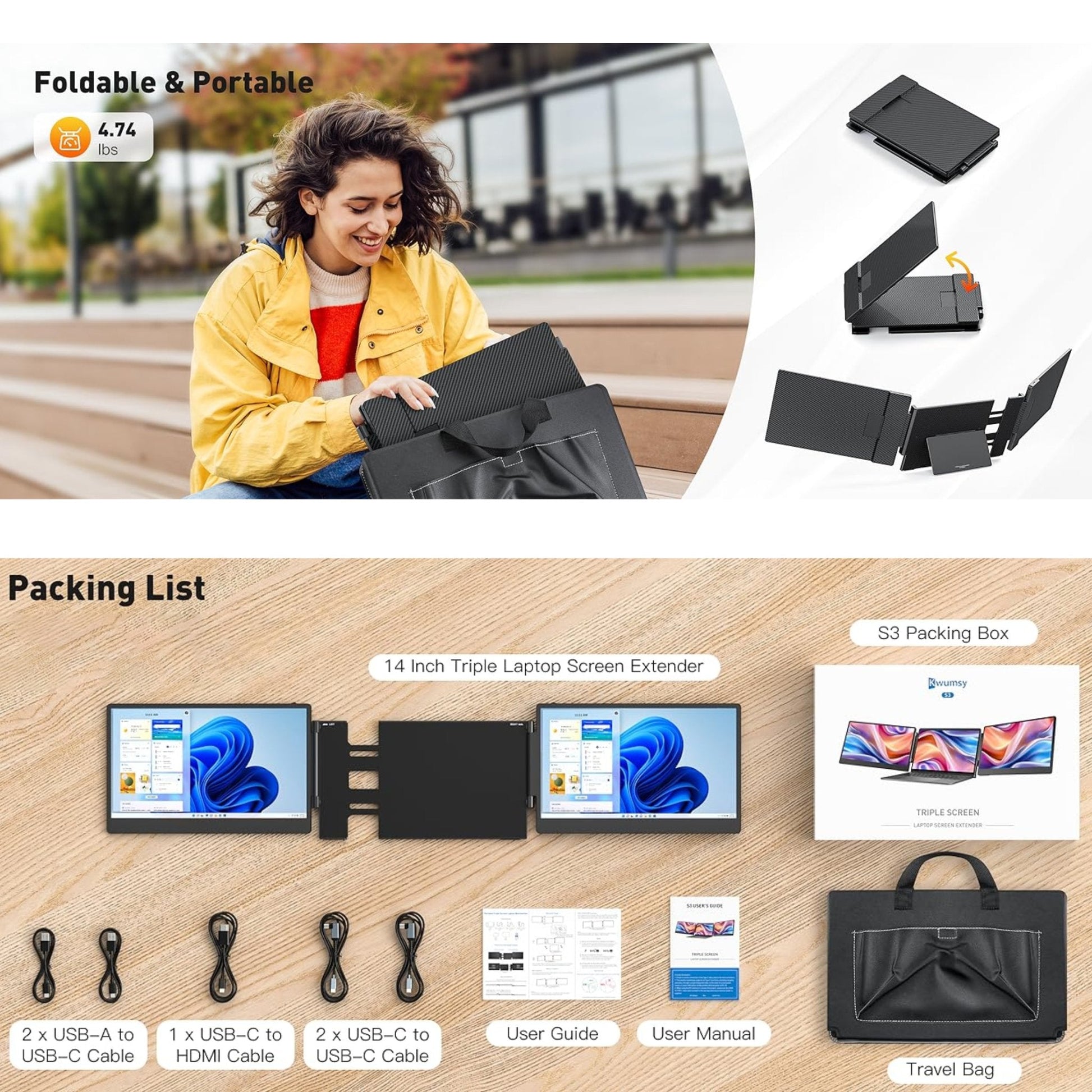 TUTT 14” FHD Dual Portable Laptop Monitor IPS Triple Screen Extender Built-in Stand and Speakers | All Devices Compatible | S3 | Technical Support in 90 Min